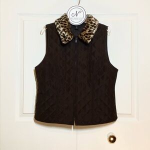 I.N. STUDIO Petite Quilted Vest with Detachable Leopard Collar Brown Size PM